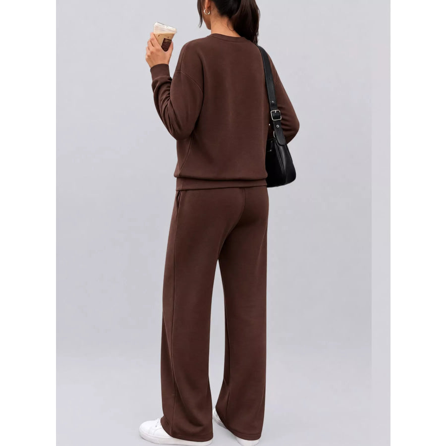 Button Detail Top and Wide-Leg Pants Set Apparel Accessories