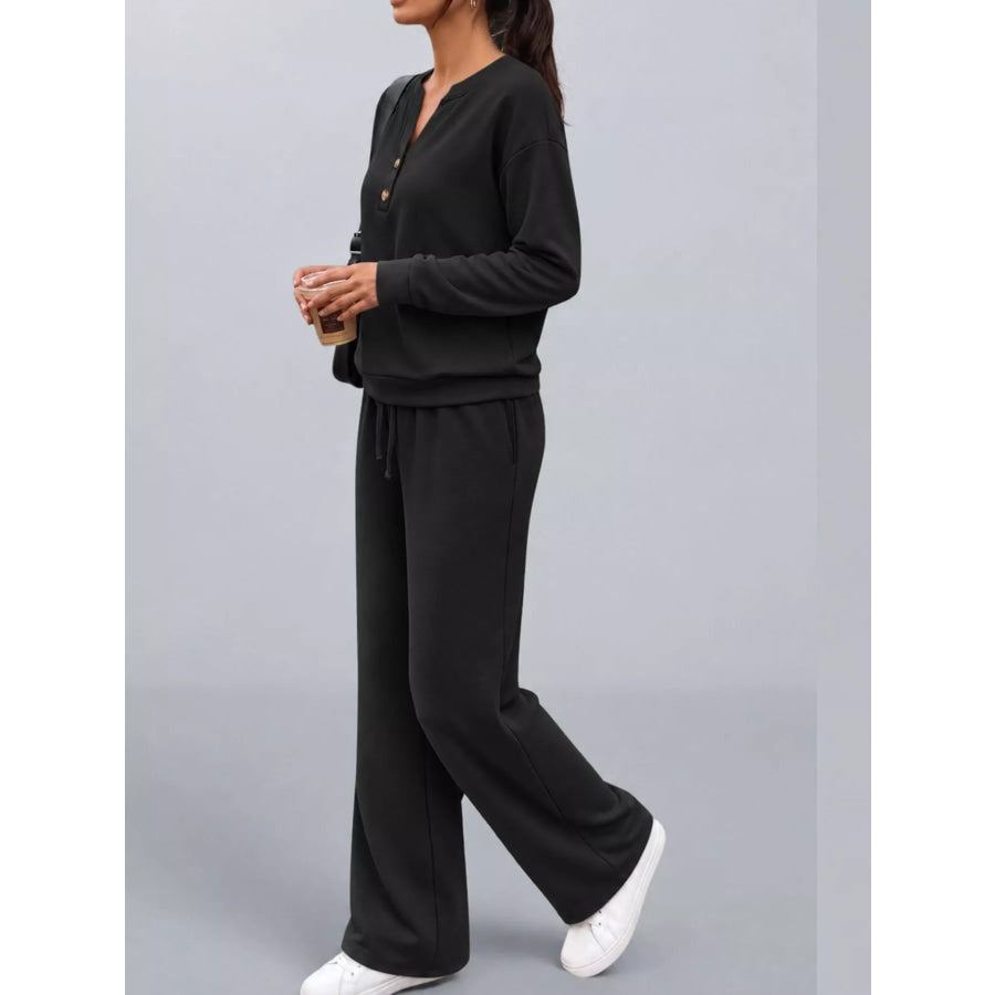 Button Detail Top and Wide-Leg Pants Set Apparel Accessories