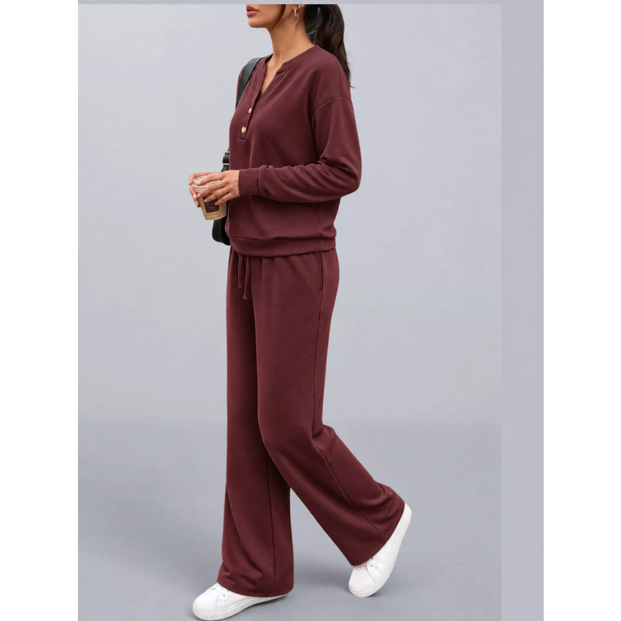 Button Detail Top and Wide-Leg Pants Set Apparel Accessories