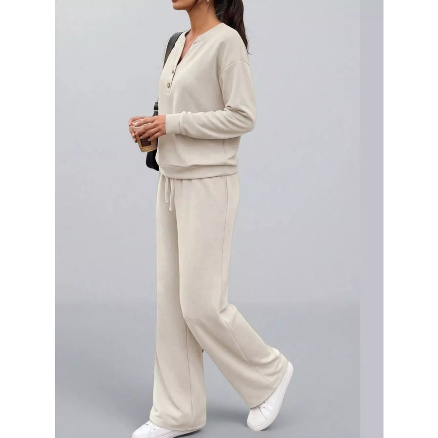 Button Detail Top and Wide-Leg Pants Set Apparel Accessories