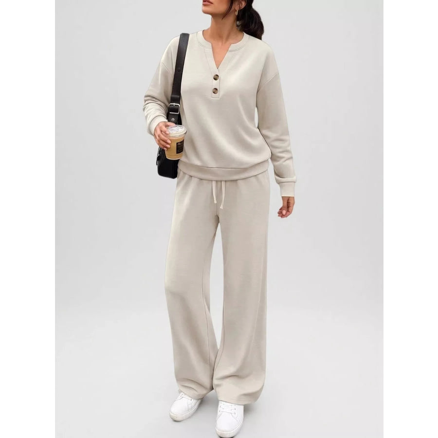 Button Detail Top and Wide-Leg Pants Set Apricot / S Apparel Accessories