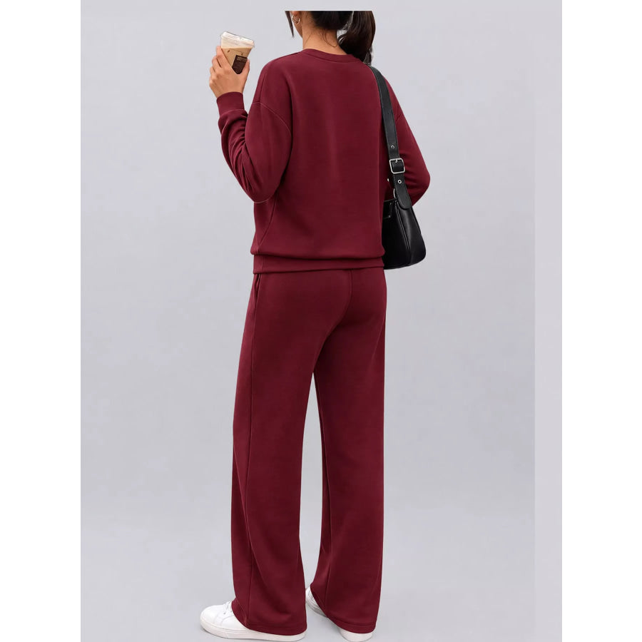 Button Detail Top and Wide-Leg Pants Set Apparel Accessories