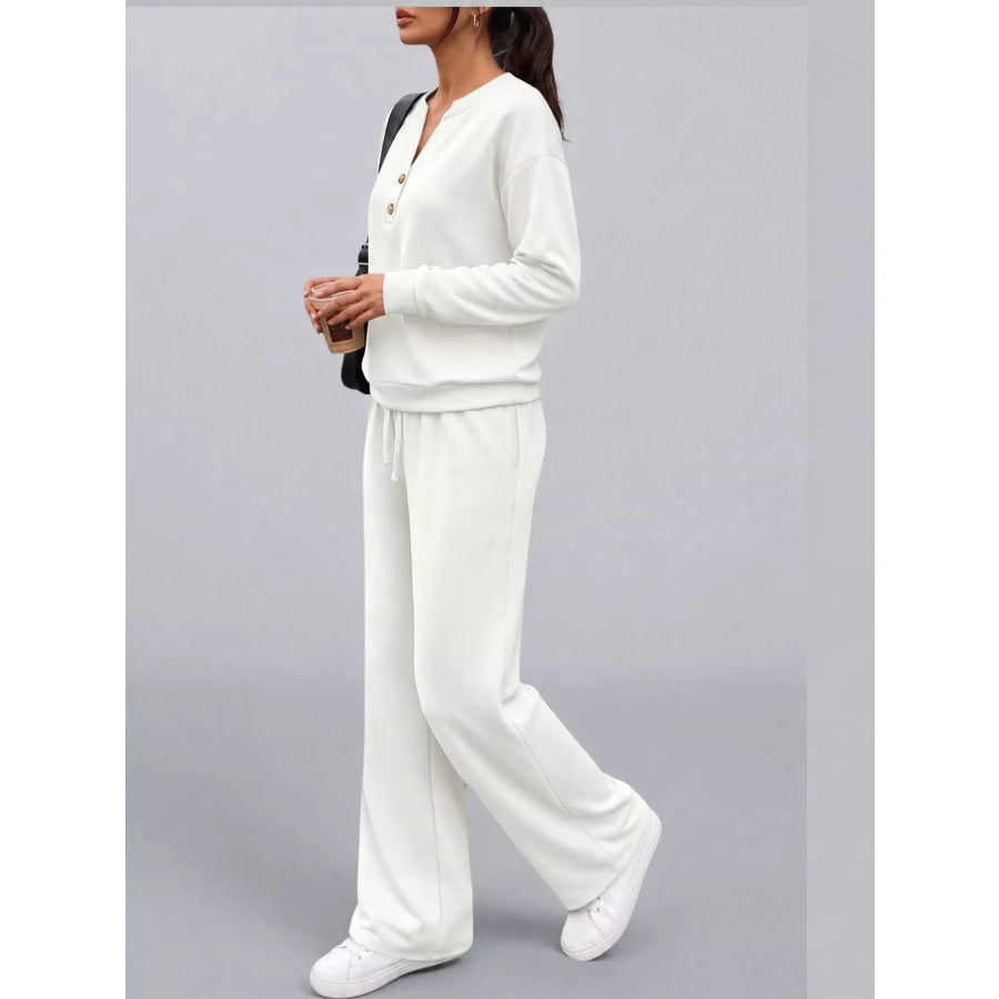Button Detail Top and Wide-Leg Pants Set Apparel Accessories