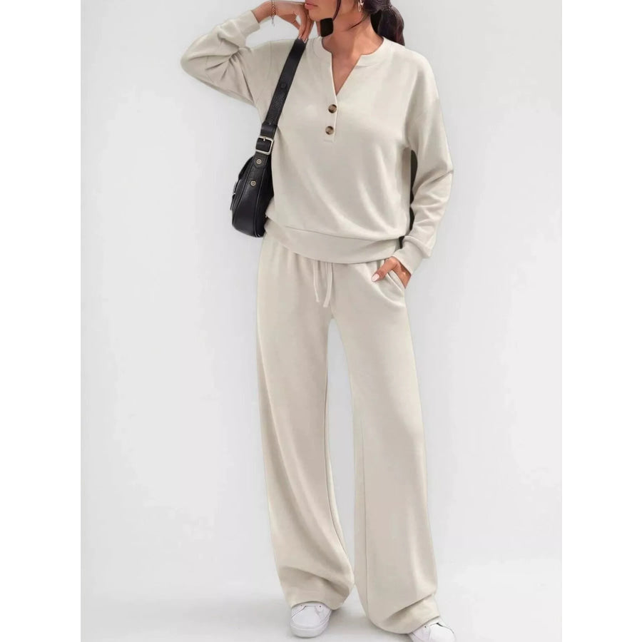 Button Detail Top and Wide-Leg Pants Set Apricot / S Apparel Accessories