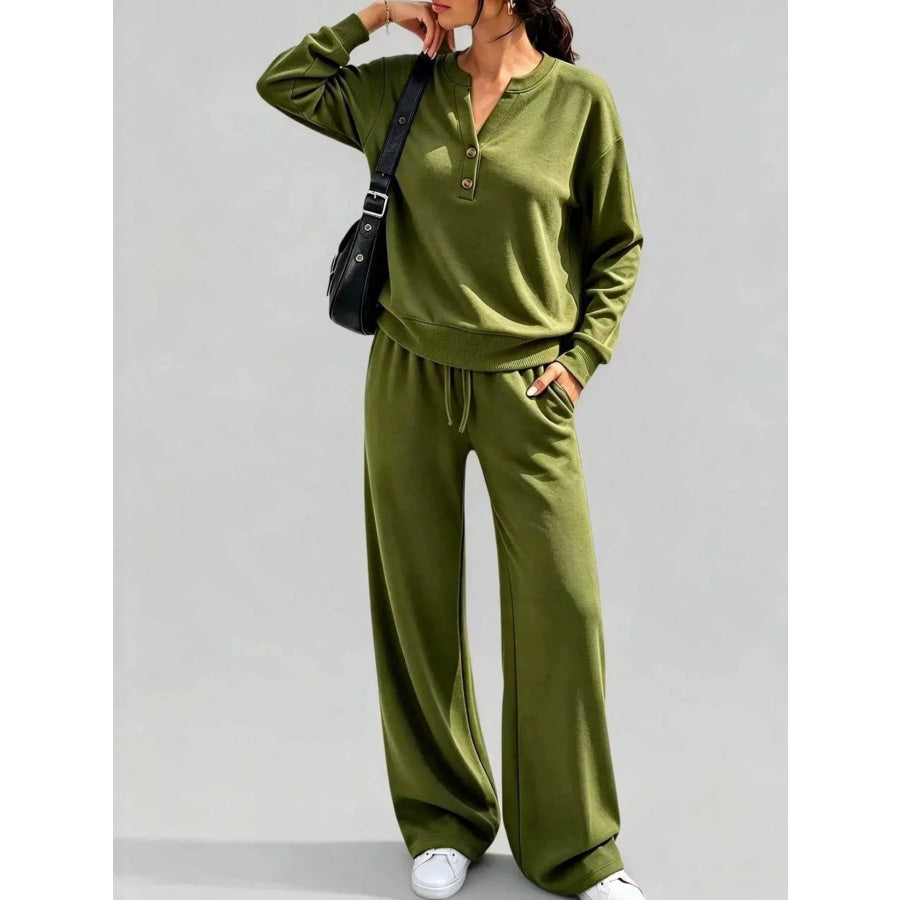 Button Detail Top and Wide-Leg Pants Set Army Green / S Apparel Accessories