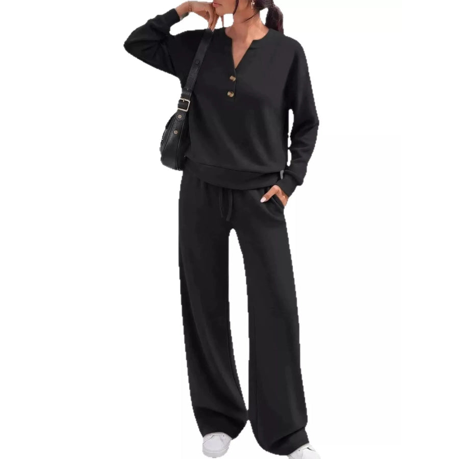 Button Detail Top and Wide-Leg Pants Set Black / S Apparel Accessories