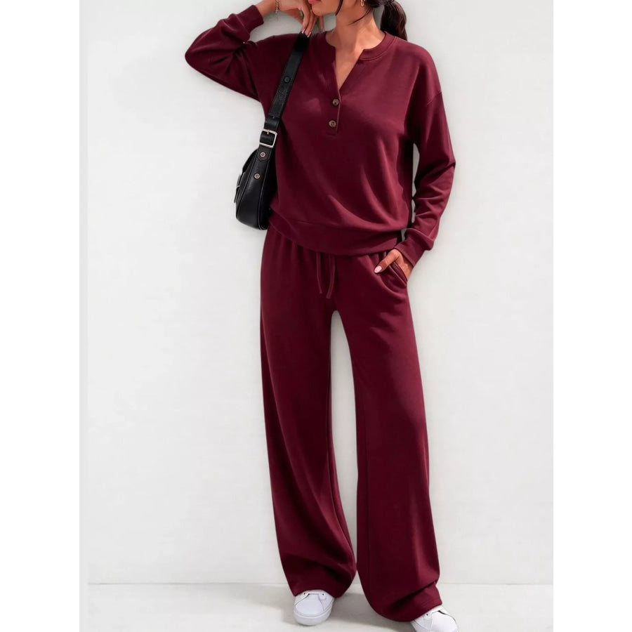 Button Detail Top and Wide-Leg Pants Set Burgundy / S Apparel Accessories