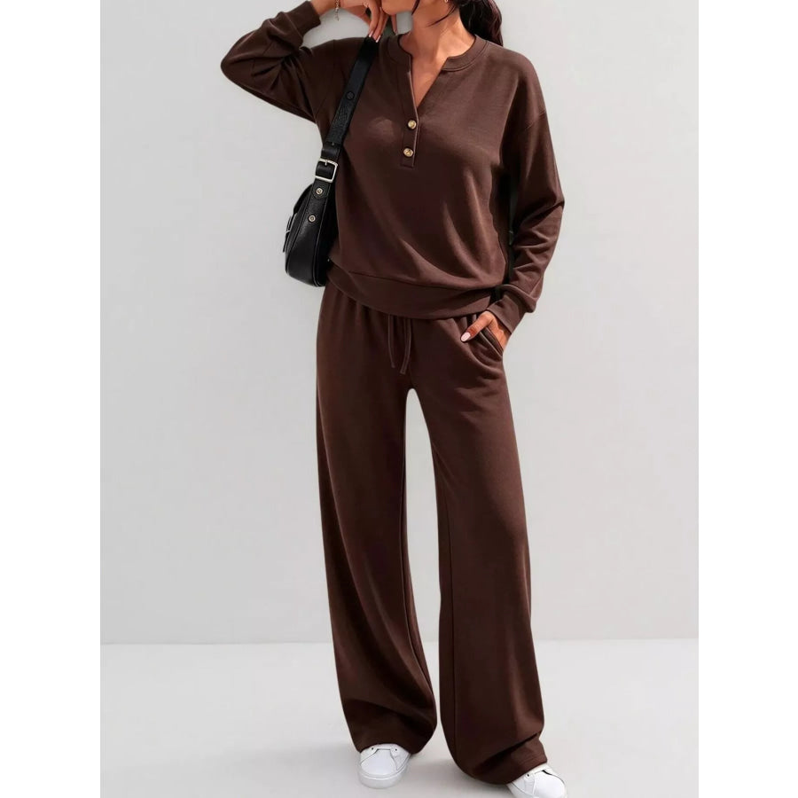 Button Detail Top and Wide-Leg Pants Set Dark Brown / S Apparel Accessories