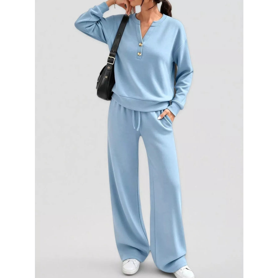 Button Detail Top and Wide-Leg Pants Set Light Blue / S Apparel Accessories