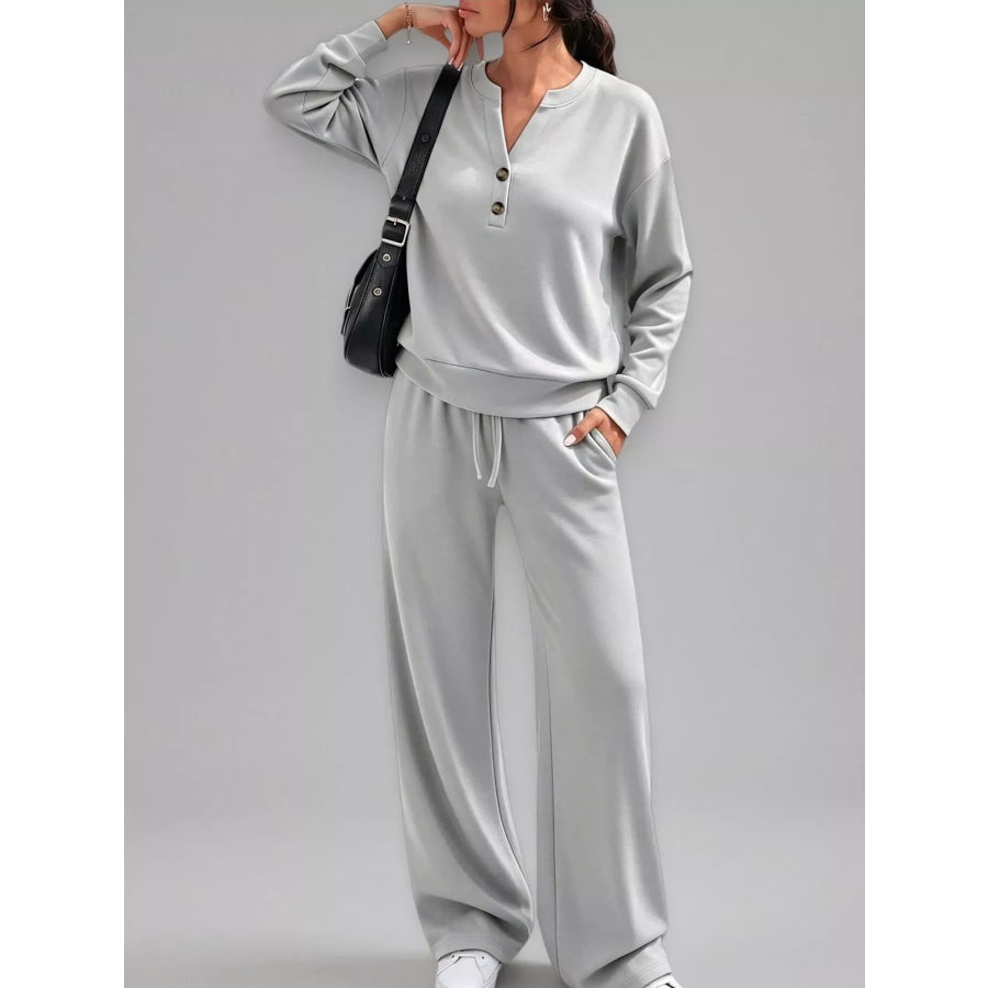 Button Detail Top and Wide-Leg Pants Set Light Gray / S Apparel Accessories