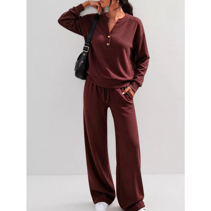 Button Detail Top and Wide-Leg Pants Set Maroon / S Apparel Accessories