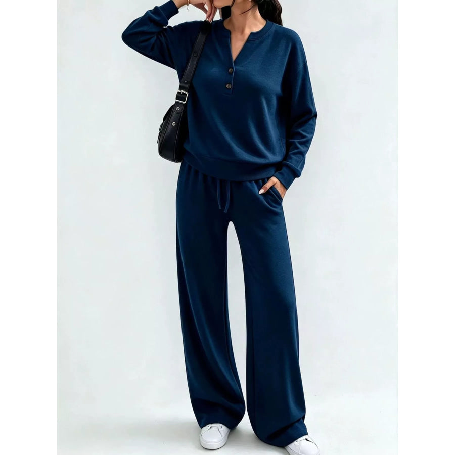 Button Detail Top and Wide-Leg Pants Set Navy / S Apparel Accessories