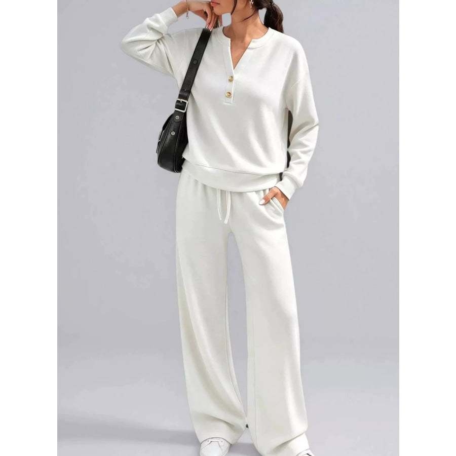 Button Detail Top and Wide-Leg Pants Set White / S Apparel Accessories