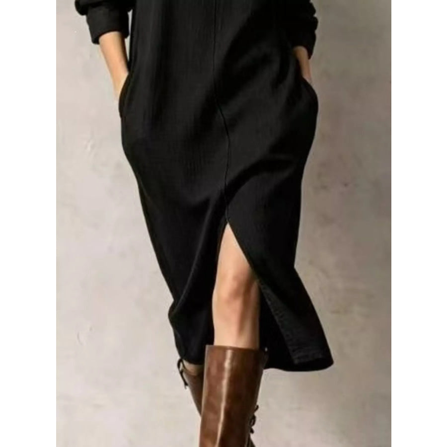 Button Detail Turtleneck Slit Dress Apparel and Accessories
