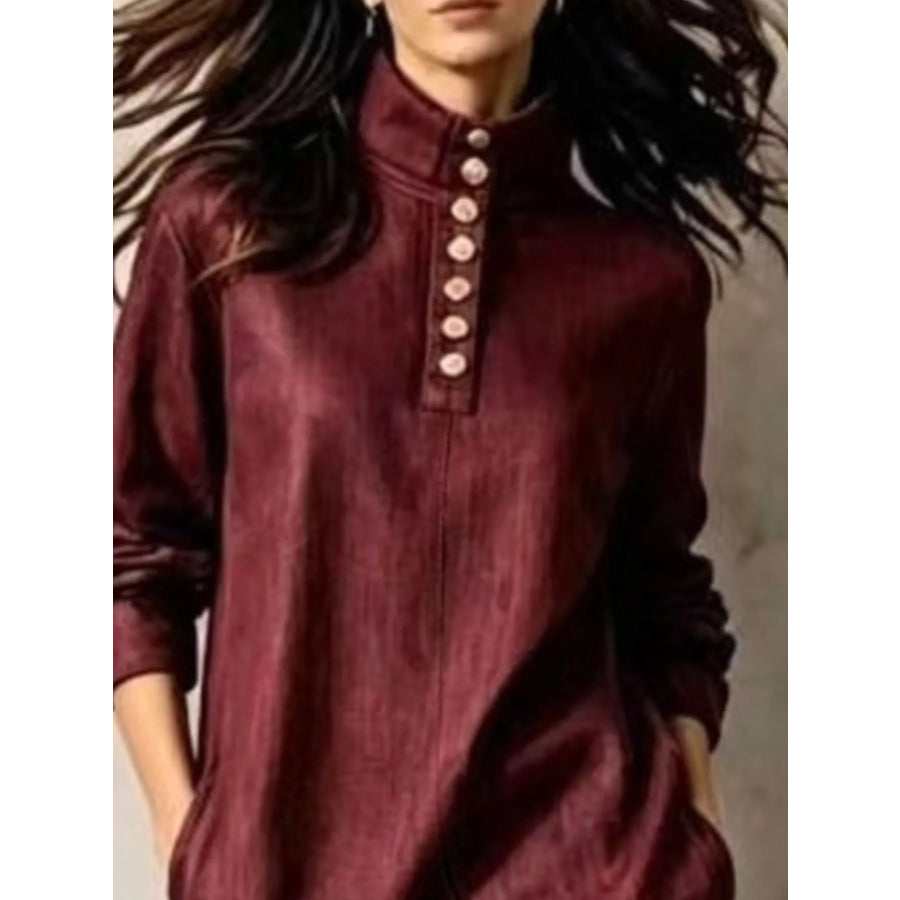 Button Detail Turtleneck Slit Dress Apparel and Accessories