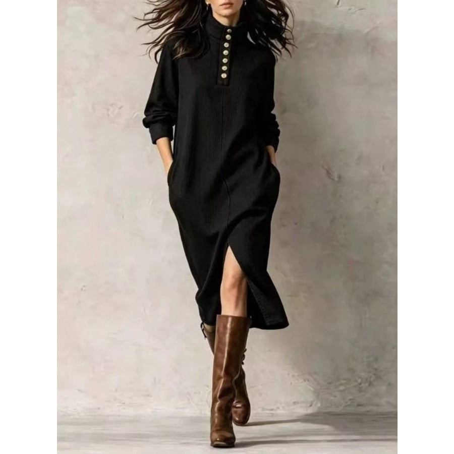 Button Detail Turtleneck Slit Dress Apparel and Accessories