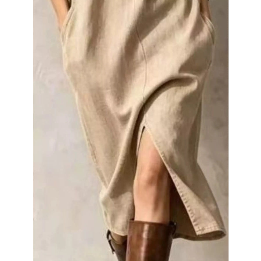 Button Detail Turtleneck Slit Dress Apparel and Accessories
