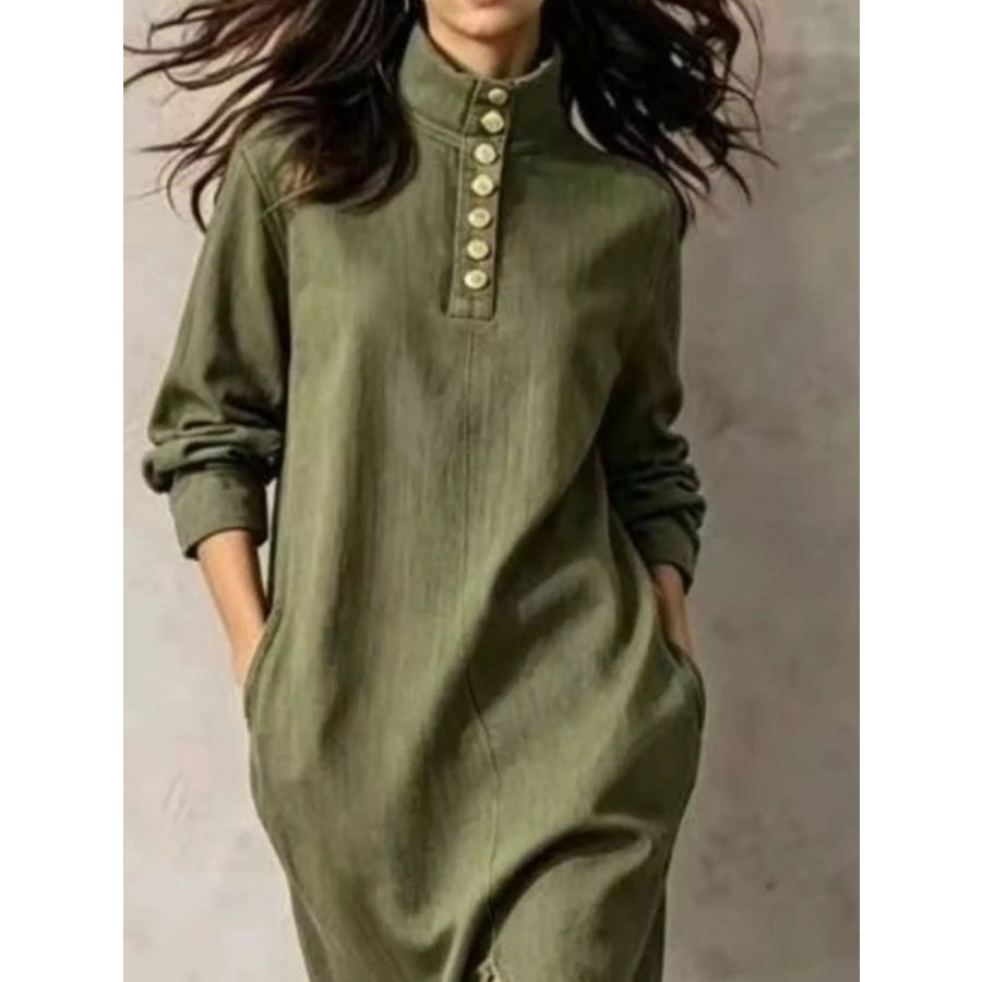 Button Detail Turtleneck Slit Dress Army Green / S Apparel and Accessories