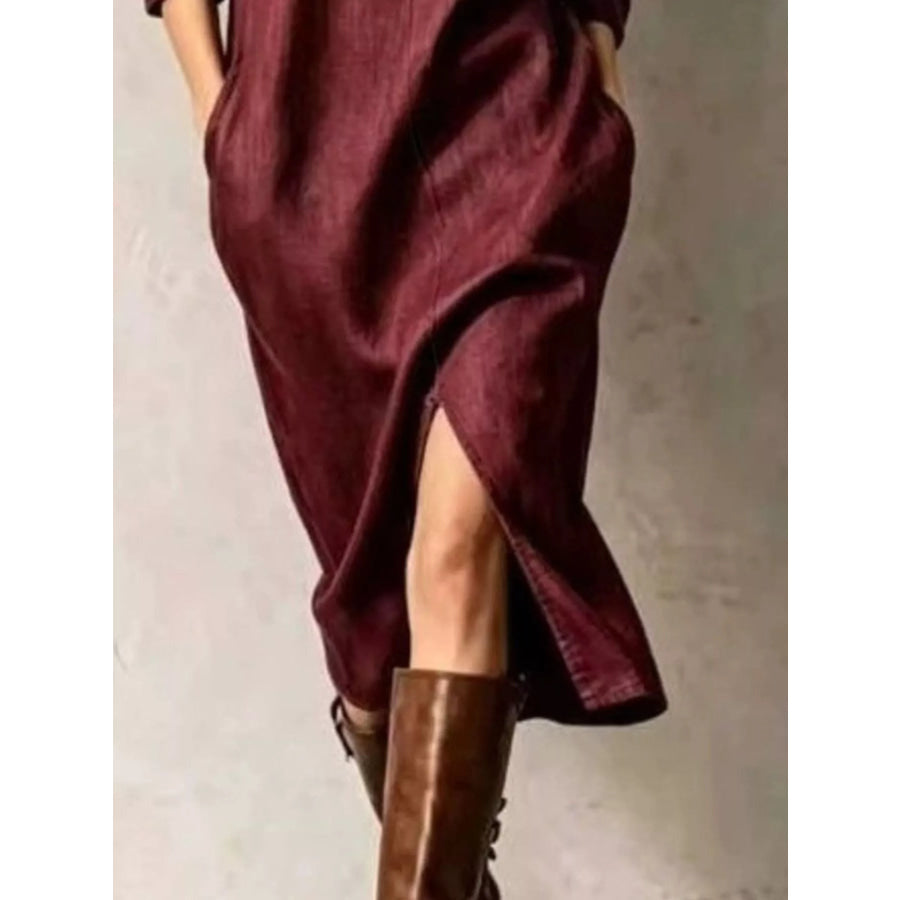 Button Detail Turtleneck Slit Dress Apparel and Accessories