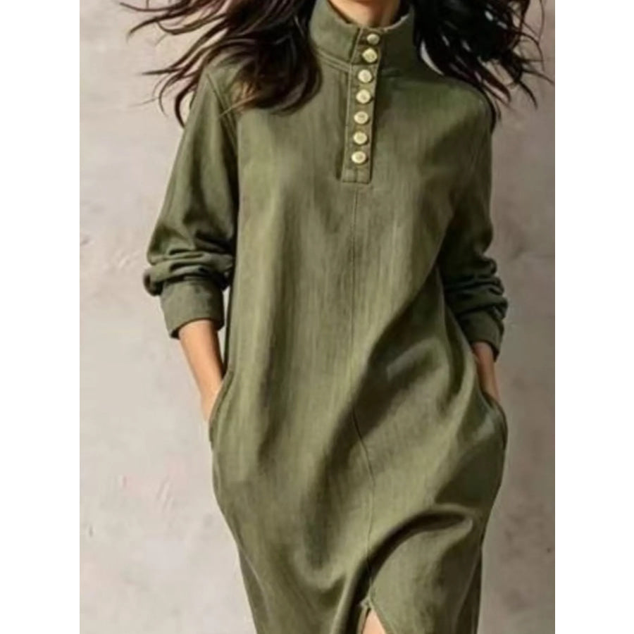 Button Detail Turtleneck Slit Dress Apparel and Accessories
