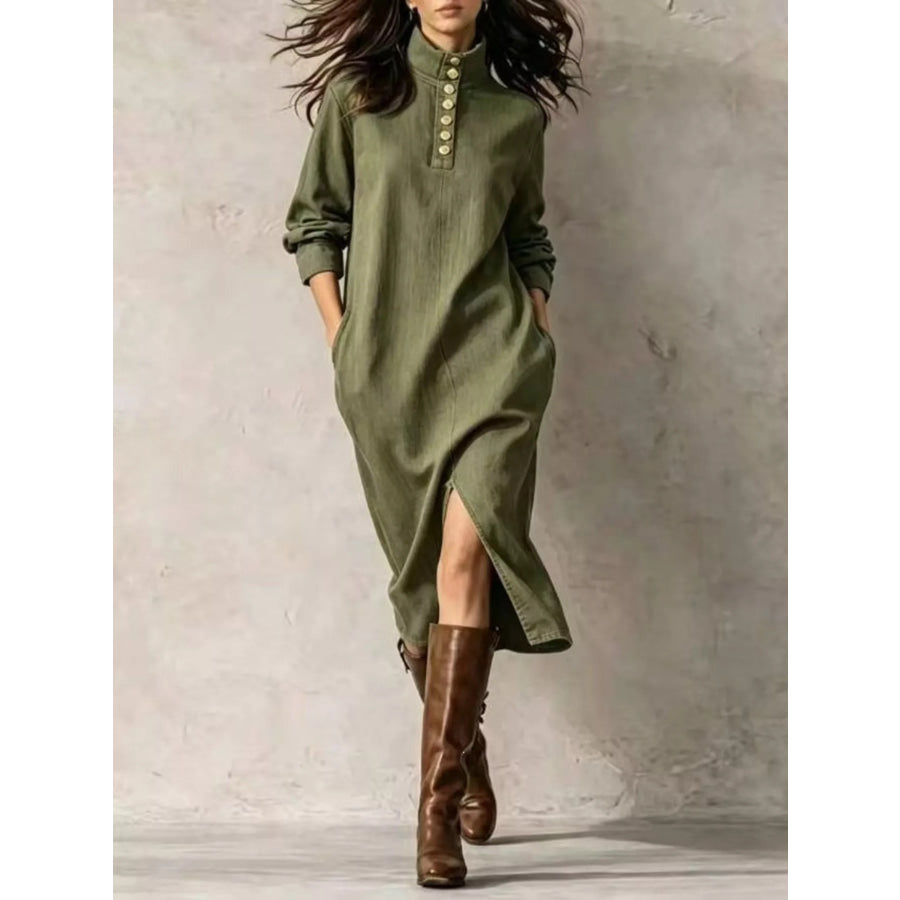 Button Detail Turtleneck Slit Dress Army Green / S Apparel and Accessories