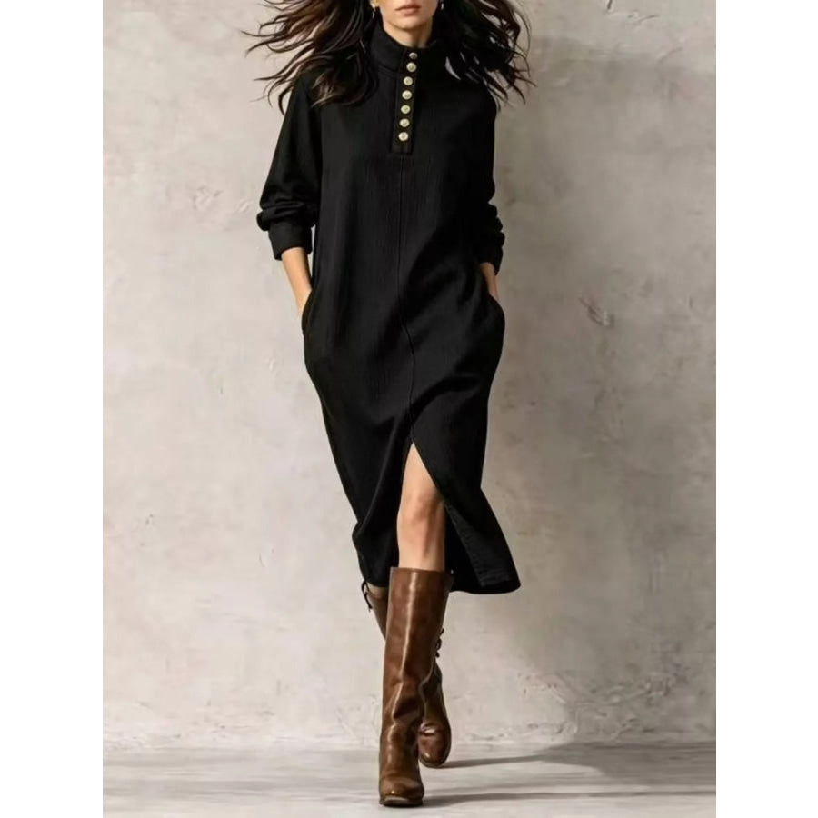 Button Detail Turtleneck Slit Dress Black / S Apparel and Accessories