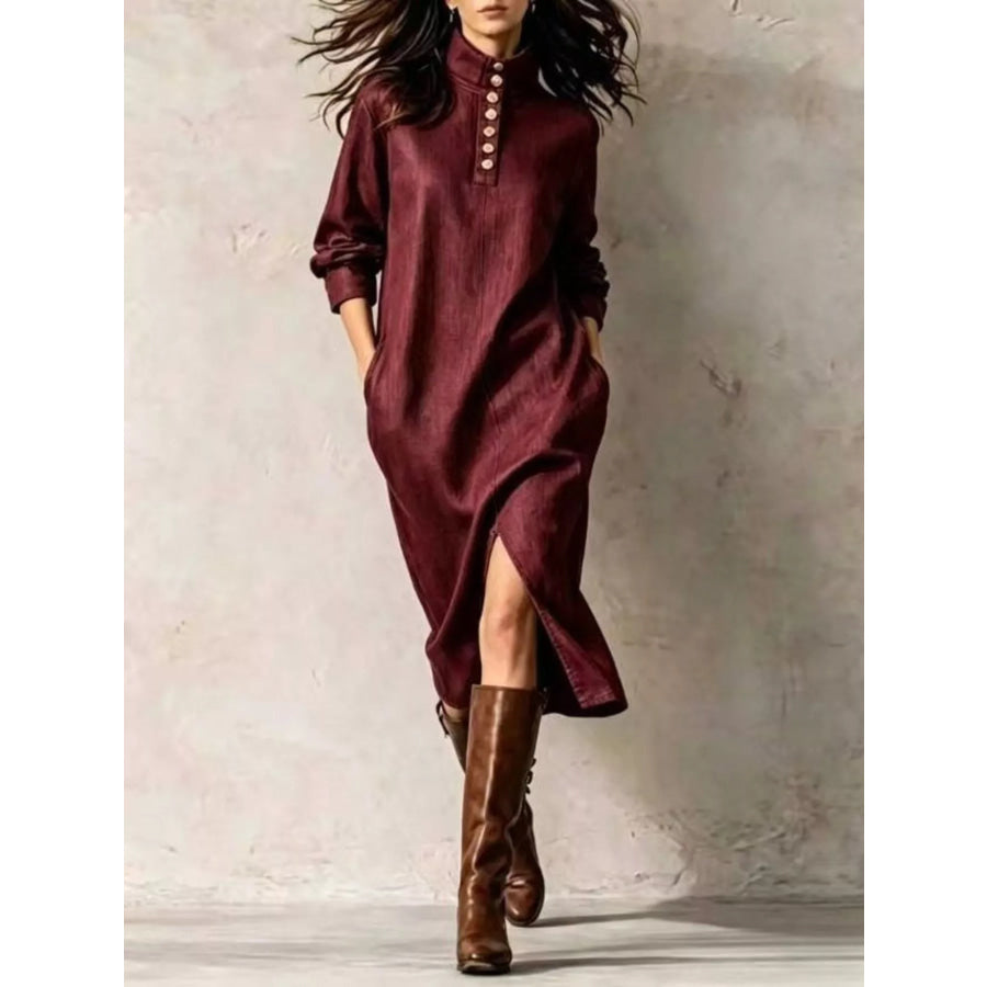 Button Detail Turtleneck Slit Dress Burgundy / S Apparel and Accessories