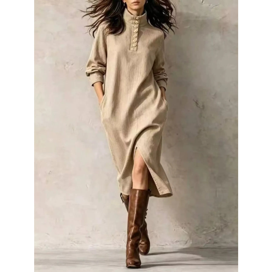 Button Detail Turtleneck Slit Dress Khaki / S Apparel and Accessories