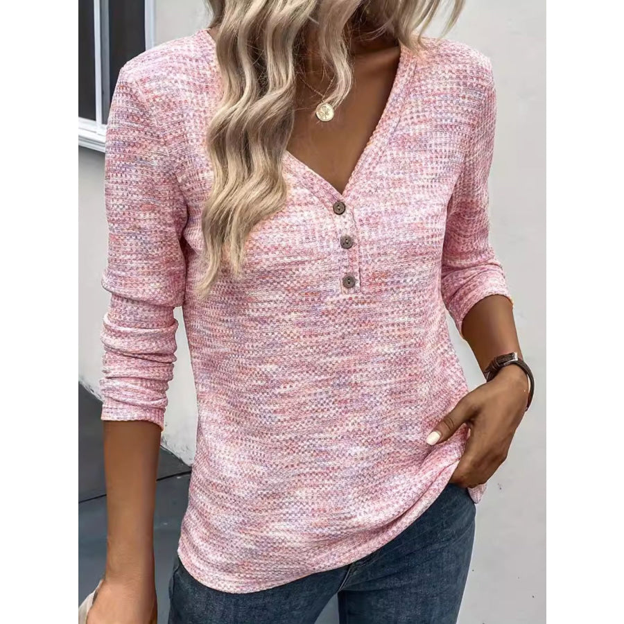 Button Detail V-Neck Long Sleeve Blouse Apparel and Accessories