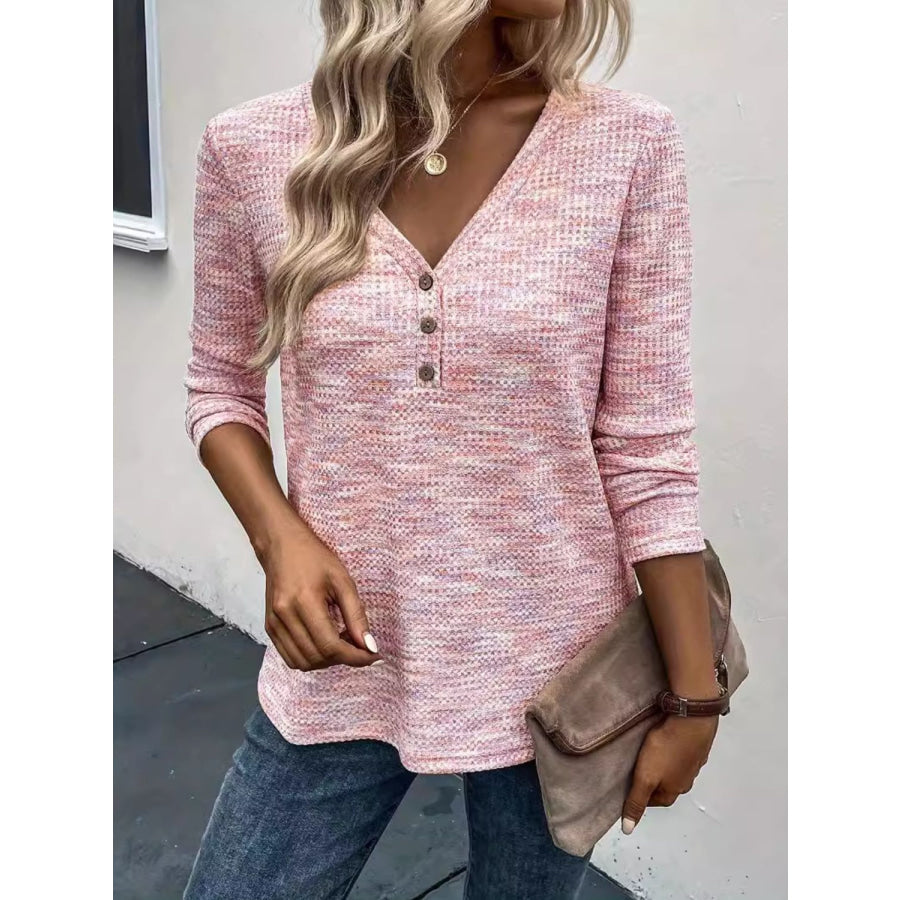 Button Detail V-Neck Long Sleeve Blouse Apparel and Accessories