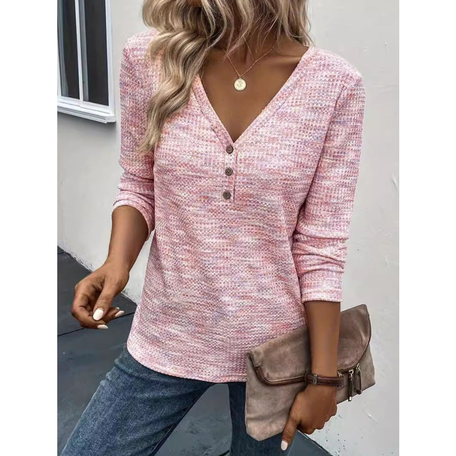 Button Detail V-Neck Long Sleeve Blouse Blush Pink / S Apparel and Accessories