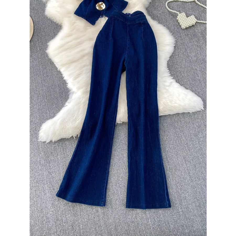 Button Detail Vest and Flare Jeans Denim Set Apparel and Accessories