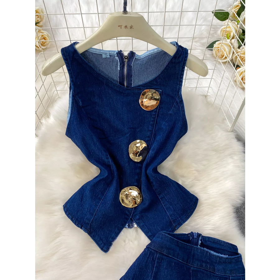 Button Detail Vest and Flare Jeans Denim Set Apparel and Accessories