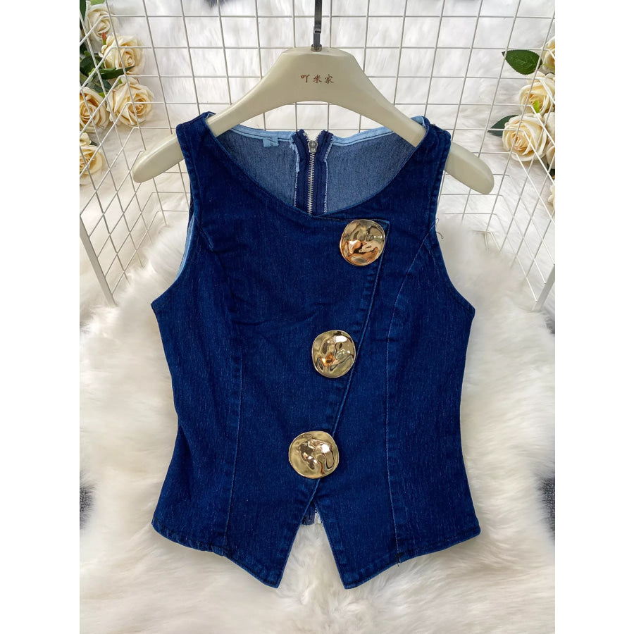 Button Detail Vest and Flare Jeans Denim Set Apparel and Accessories