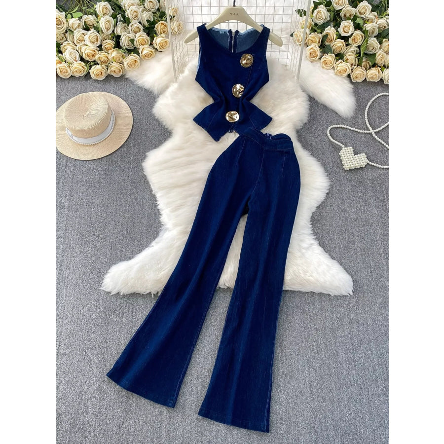 Button Detail Vest and Flare Jeans Denim Set Dark Blue / S Apparel and Accessories