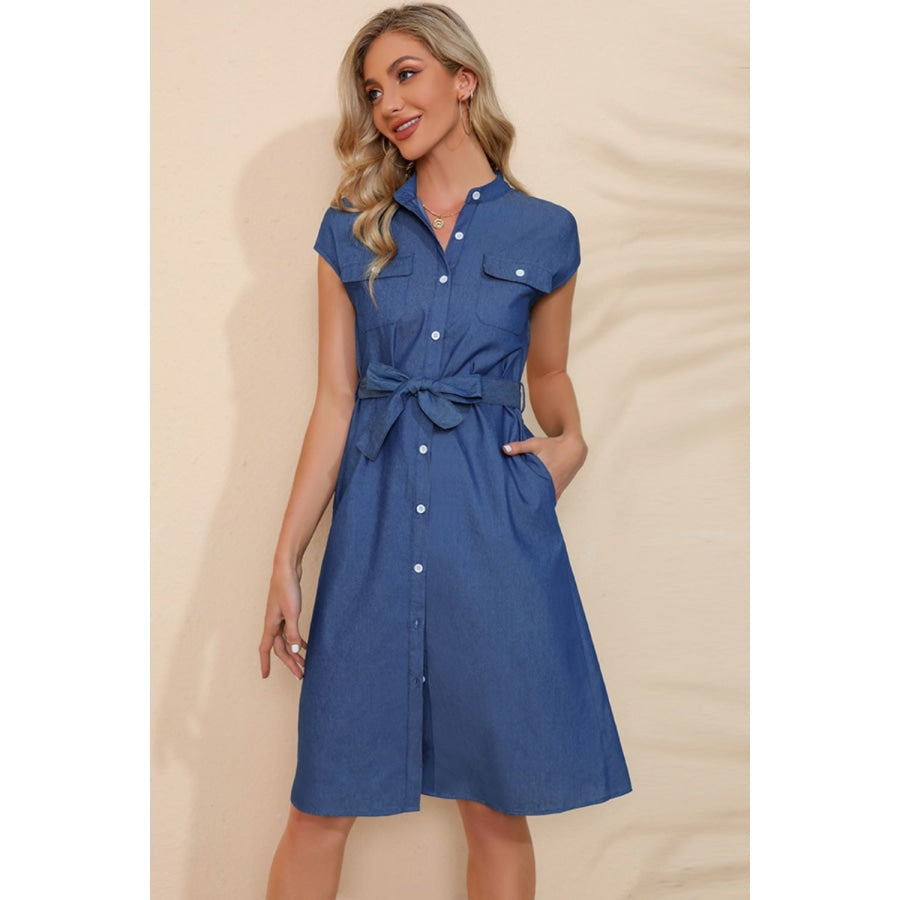 Button Down Belted Denim Dress Royal Blue / S