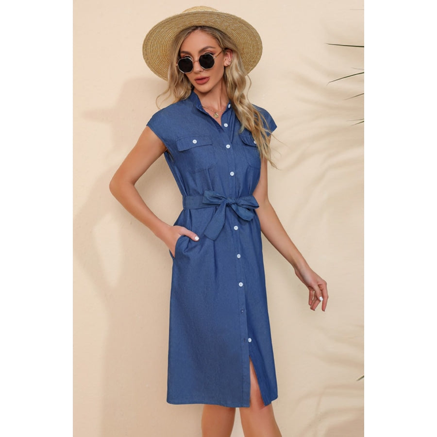 Button Down Belted Denim Dress