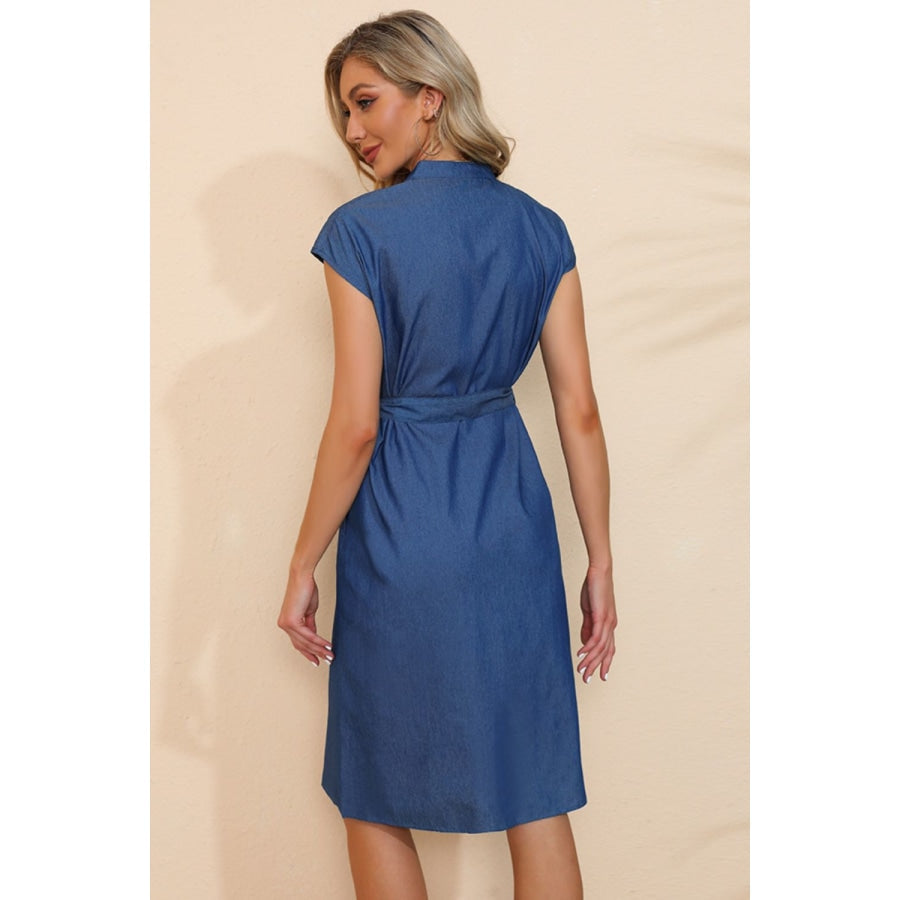 Button Down Belted Denim Dress Royal Blue / S