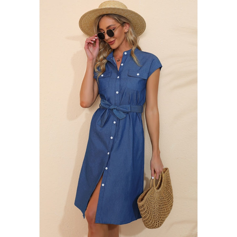 Button Down Belted Denim Dress