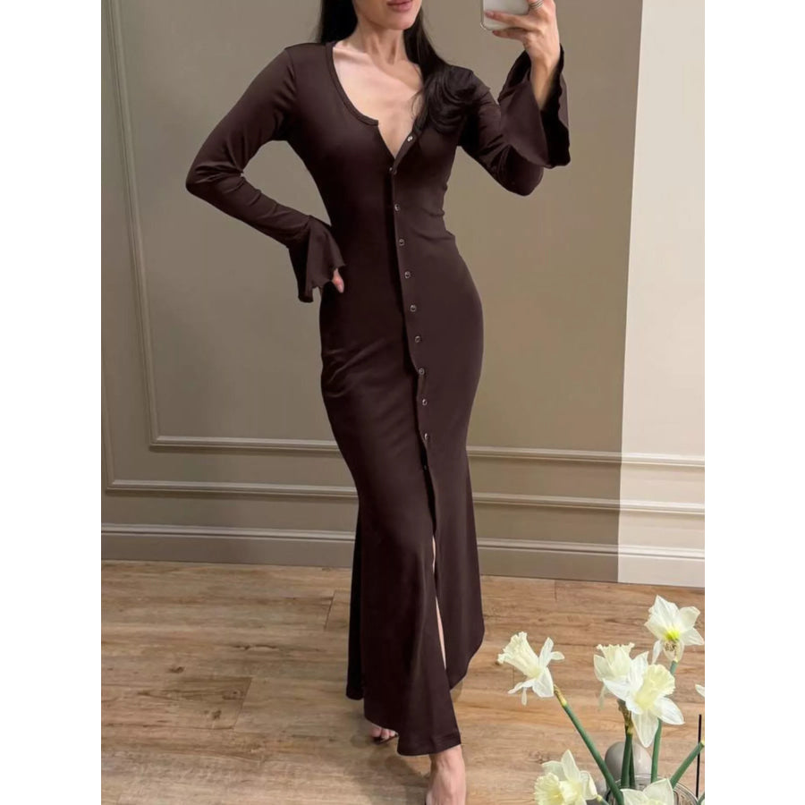 Button-Down Bodycon Maxi Dress Brown / S Apparel and Accessories