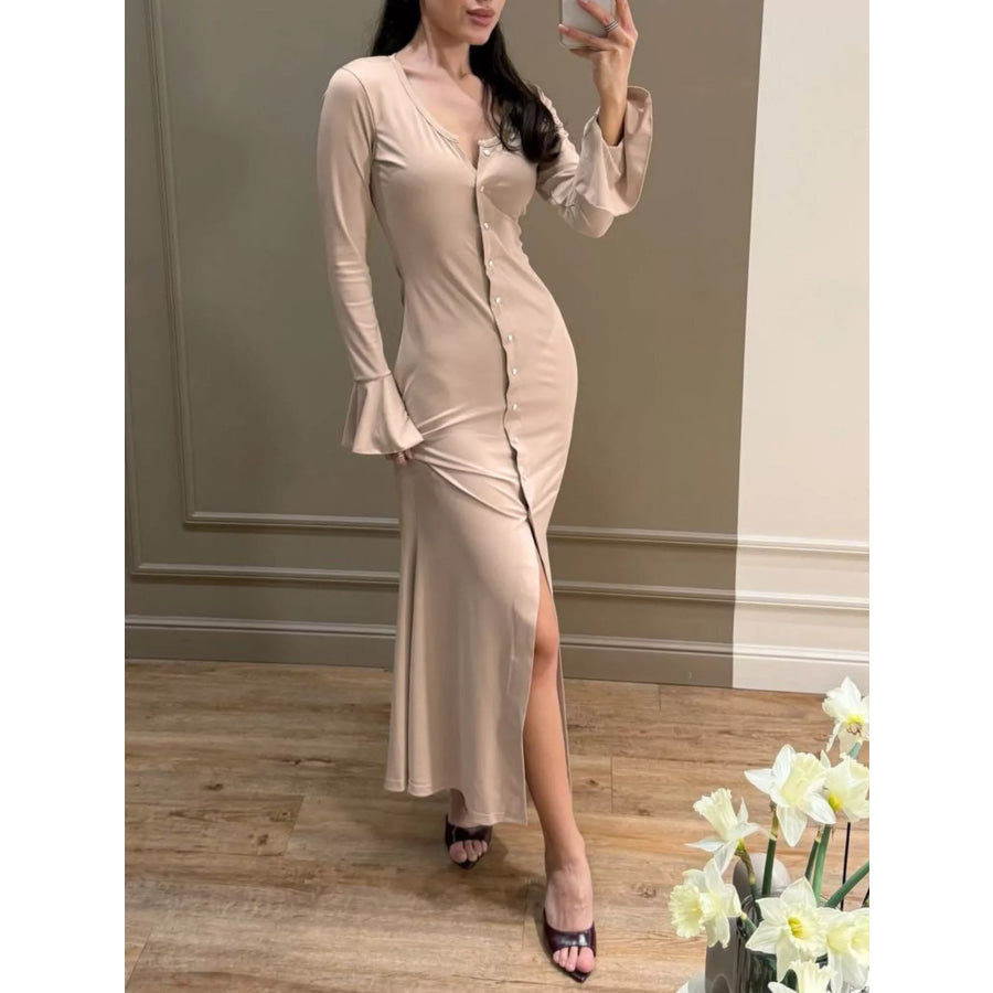 Button-Down Bodycon Maxi Dress Khaki / S Apparel and Accessories