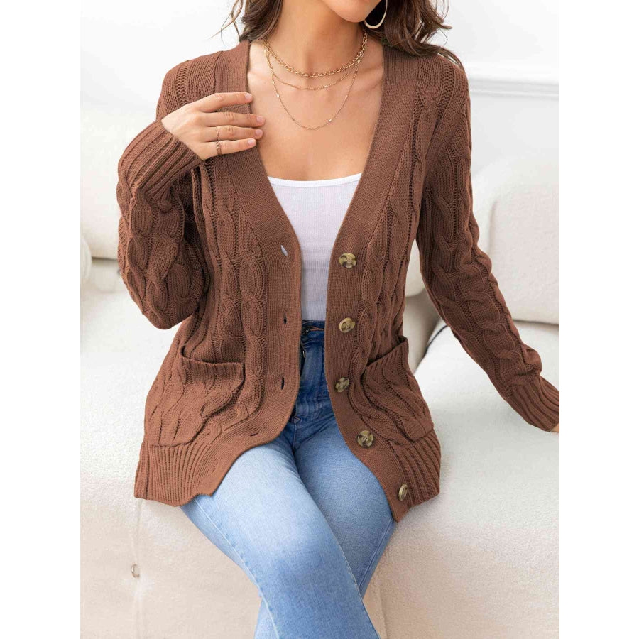 Button Down Cable - Knit Cardigan Chestnut / S Apparel and Accessories