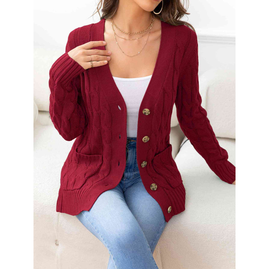 Button Down Cable - Knit Cardigan Deep Red / S Apparel and Accessories