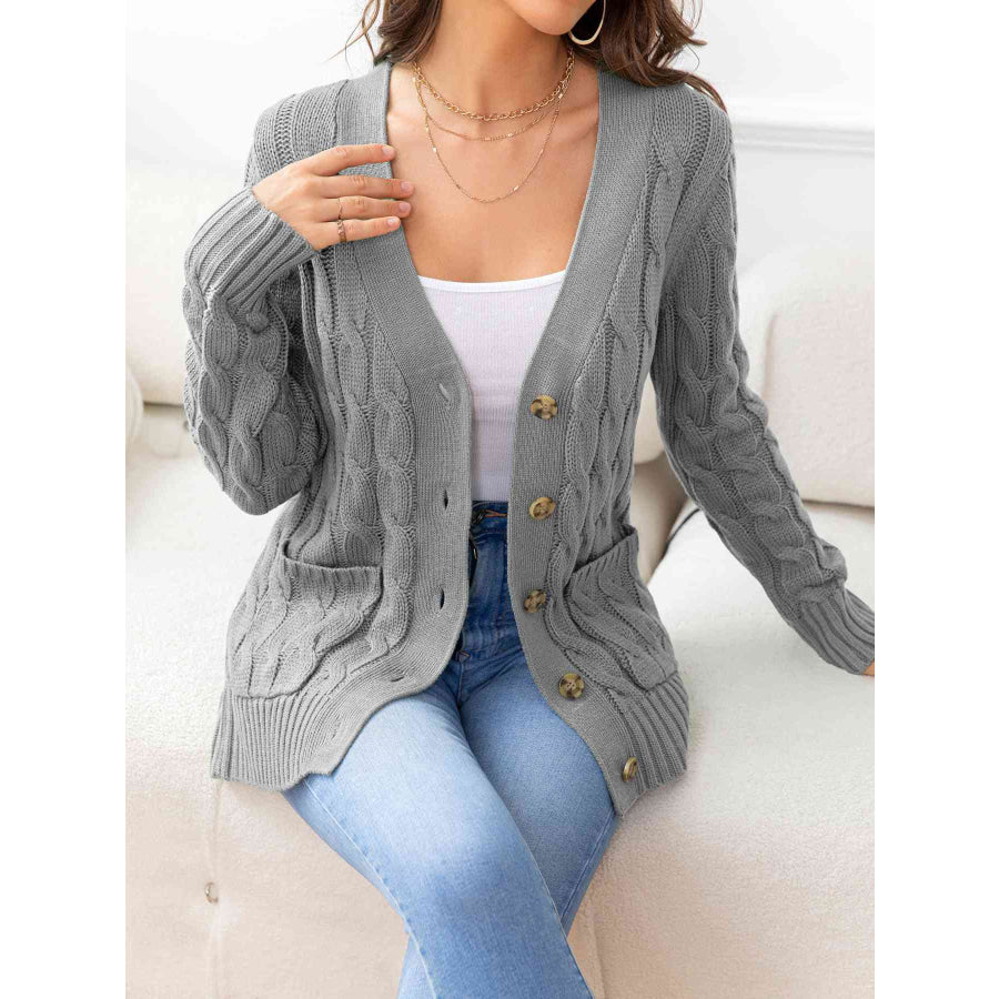 Button Down Cable - Knit Cardigan Heather Gray / S Apparel and Accessories