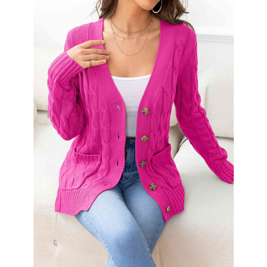 Button Down Cable - Knit Cardigan Hot Pink / S Apparel and Accessories