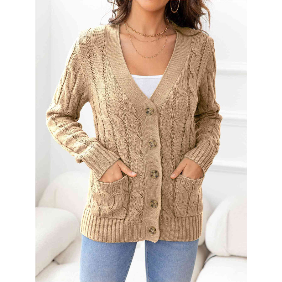 Button Down Cable - Knit Cardigan Khaki / S Apparel and Accessories