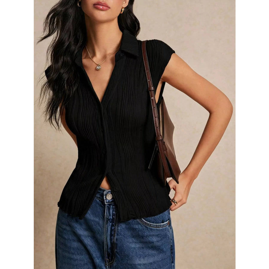 Button-Down Cap Sleeve Shirt Black / S Apparel and Accessories