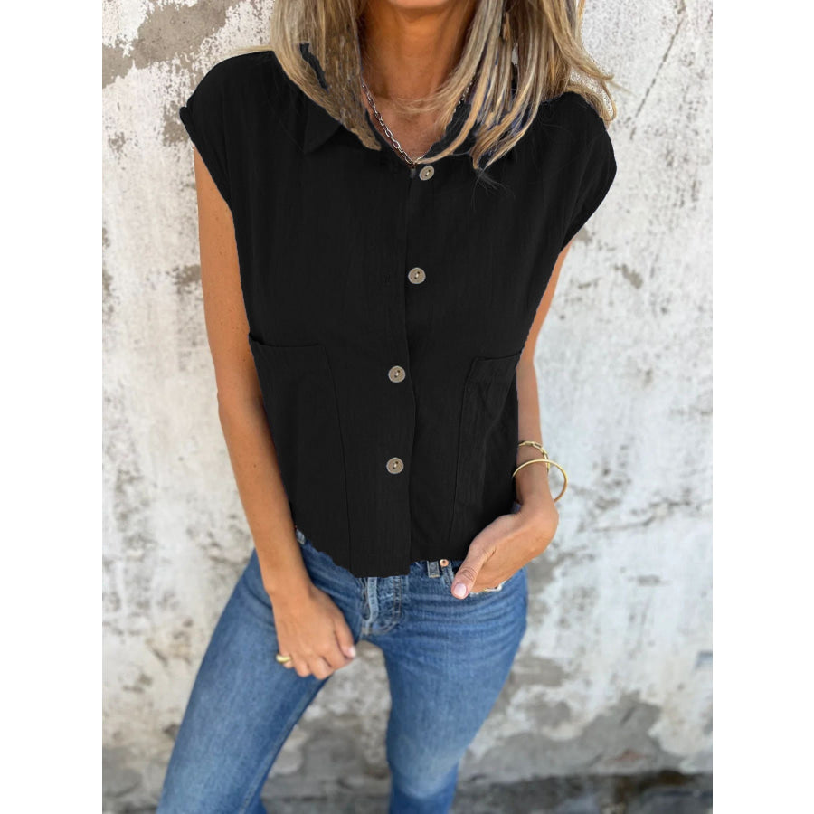 Button-Down Cap Sleeve Shirt Black / S Apparel and Accessories