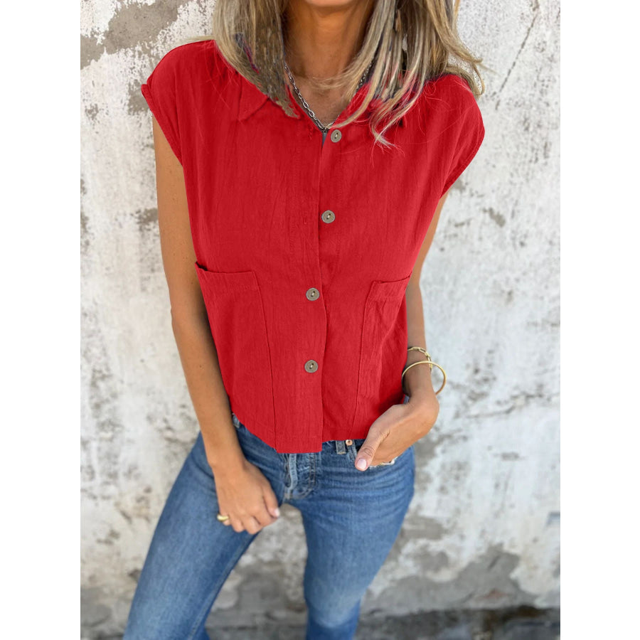 Button-Down Cap Sleeve Shirt Scarlet / S Apparel and Accessories