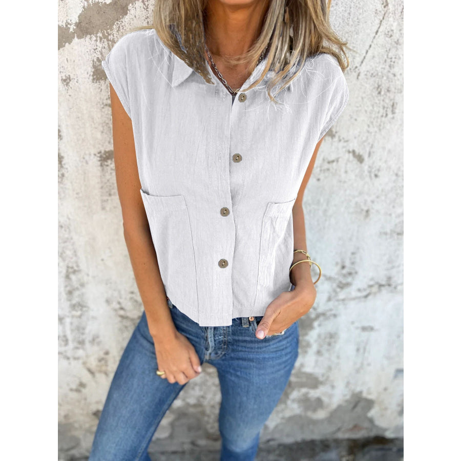 Button-Down Cap Sleeve Shirt White / S Apparel and Accessories